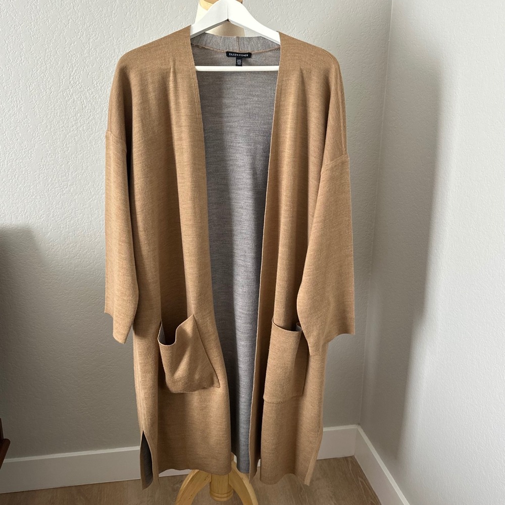 Eileen Fisher Camel Grey Italian Yarn Longline Tie Waist Cardigan Sweater L